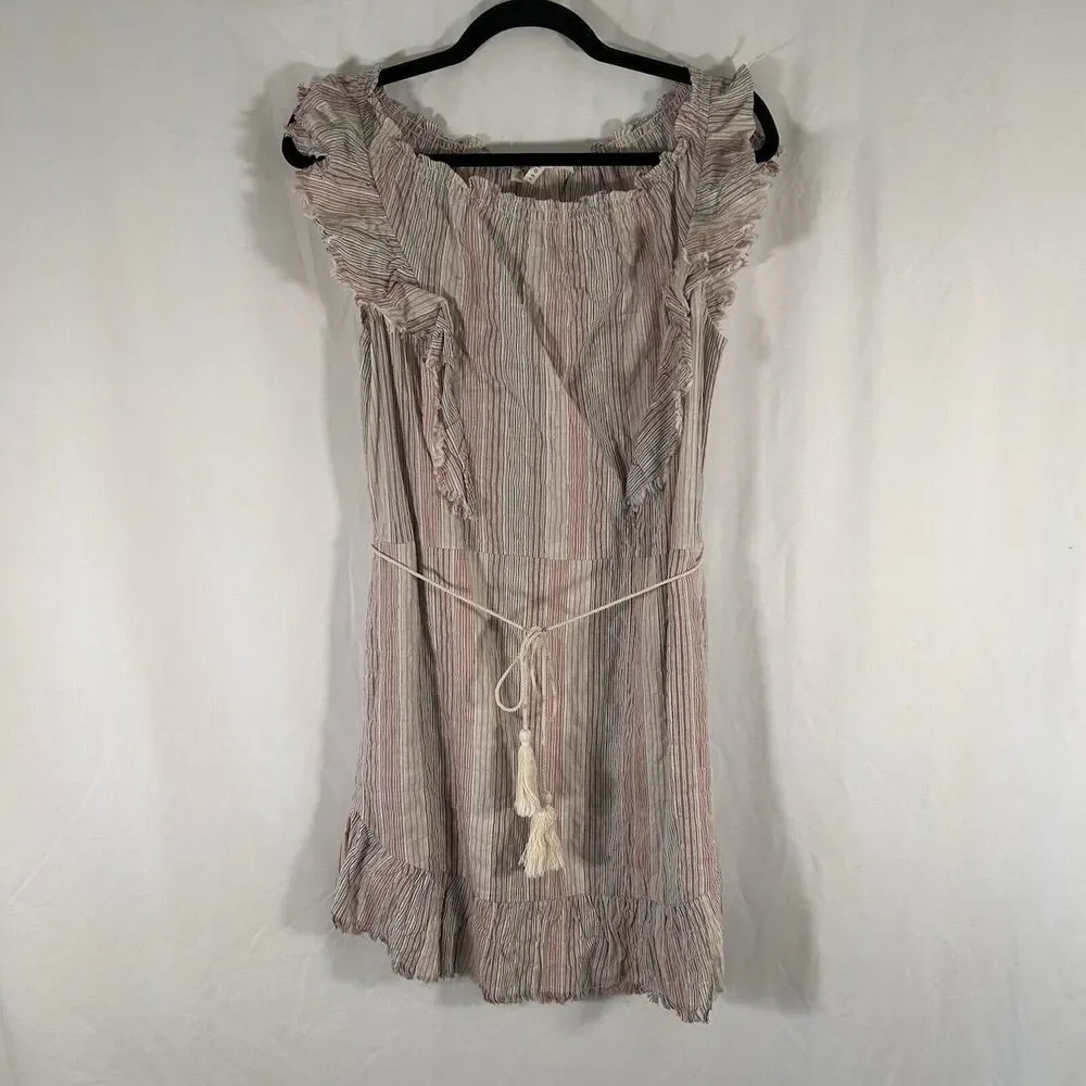 New Ellison Mini Dress Women's Small Tan Red Striped Sleeveless Tie Front Light